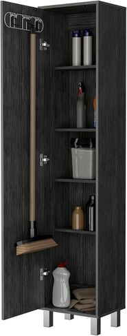 Lawen Tall Storage Cabinet, Single Door, 3 Broom Hangers,Smokey Oak in Saudi Arabia