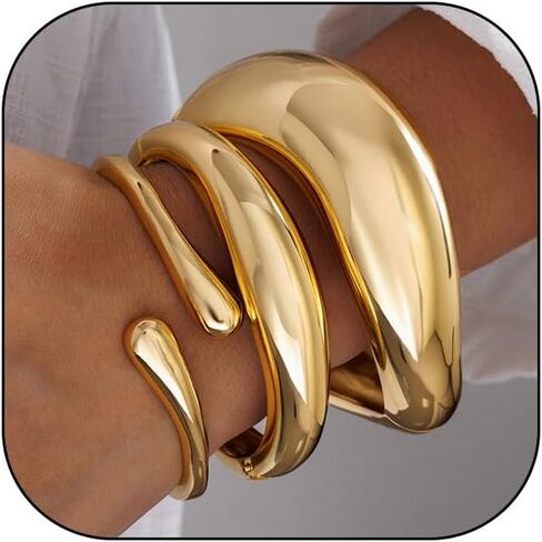 Chunky Gold Bangle Bracelets for Women, 14k Gold Plated Trendy Stackable Bangles Set, Dainty Cuff Bracelet Stack Jewelry for Gifts in Saudi Arabia