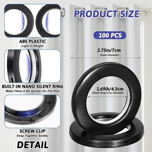100 Pcs Curtain Grommets 1-9/16"(40mm) Inner Diameter Plastic Curtain Rings Nanoscale Low Noise Roman Ring, Black in Kuwait