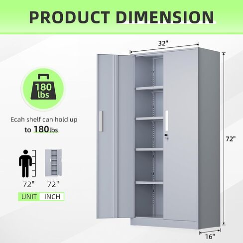 خزانة تخزين معدنية قابلة للقفل من INTERGREAT، خزانة تخزين مقاس 72 بوصة مع بابين و4 أرفف قابلة للتعديل للمكتب والمنزل والجراج ومخزن المؤن (يتطلب التجميع، رمادي أسمنتي) in Kuwait