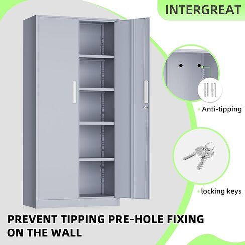 خزانة تخزين معدنية قابلة للقفل من INTERGREAT، خزانة تخزين مقاس 72 بوصة مع بابين و4 أرفف قابلة للتعديل للمكتب والمنزل والجراج ومخزن المؤن (يتطلب التجميع، رمادي أسمنتي) in Kuwait