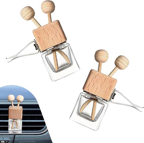 2 PCS Car Diffuser with Vent Clip, Refillable Empty Glass Essential Oil Diffuser Bottles with Wooden Caps Sticks, Universal Aromatherapy Air Freshener for Most Vehicles Interior Accessories in Kuwait