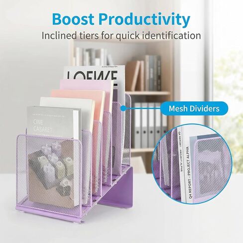 منظم ملفات المكتب، حامل ملفات شبكي معدني عمودي مكون من 5 أقسام، فارز ملفات سطح المكتب لتنظيم الفصول الدراسية المكتبية، أرجواني in Kuwait