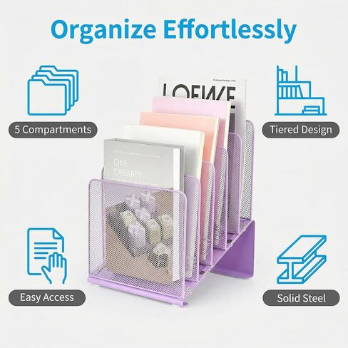 منظم ملفات المكتب، حامل ملفات شبكي معدني عمودي مكون من 5 أقسام، فارز ملفات سطح المكتب لتنظيم الفصول الدراسية المكتبية، أرجواني in Kuwait