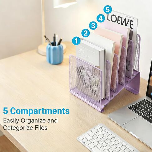 منظم ملفات المكتب، حامل ملفات شبكي معدني عمودي مكون من 5 أقسام، فارز ملفات سطح المكتب لتنظيم الفصول الدراسية المكتبية، أرجواني in Kuwait