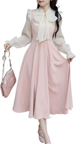 Vintage Fairy Lace Dress Women Patchwork Elegant Party Midi Dress Female Bow One Piece Sweet Dress (Color : Pink, Size : Large) in Saudi Arabia