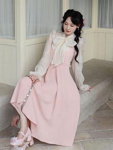 Vintage Fairy Lace Dress Women Patchwork Elegant Party Midi Dress Female Bow One Piece Sweet Dress (Color : Pink, Size : Large) in Saudi Arabia