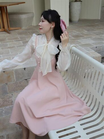 Vintage Fairy Lace Dress Women Patchwork Elegant Party Midi Dress Female Bow One Piece Sweet Dress (Color : Pink, Size : Large) in Saudi Arabia