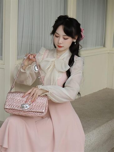 Vintage Fairy Lace Dress Women Patchwork Elegant Party Midi Dress Female Bow One Piece Sweet Dress (Color : Pink, Size : Large) in Saudi Arabia
