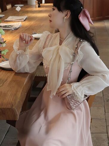 Vintage Fairy Lace Dress Women Patchwork Elegant Party Midi Dress Female Bow One Piece Sweet Dress (Color : Pink, Size : Large) in Saudi Arabia