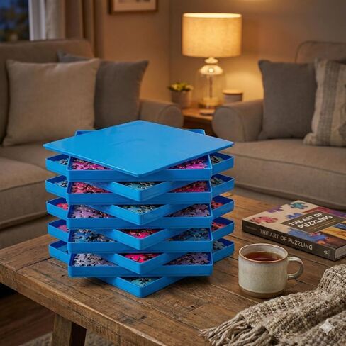 10 صواني لفرز الألغاز مع غطاء | إكسسوارات الألغاز المحمولة باللون الأسود تجعل القطع مميزة لفرز الأنماط والأشكال والألوان بشكل أفضل | للألغاز حتى 2500 قطعة (أزرق) in Kuwait