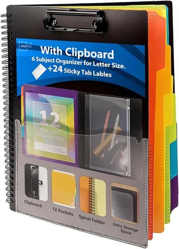 Binditek Plastic Clipboard Folio Folders, 6-Color Dividers with 1/6-Cut Tabs, 12-Pocket Project Organizer, Inner Zipper Pouch, Hardcover Storage Clipboard, Letter-Size, with Sticky Tab Lables, 1 Pack in Saudi Arabia