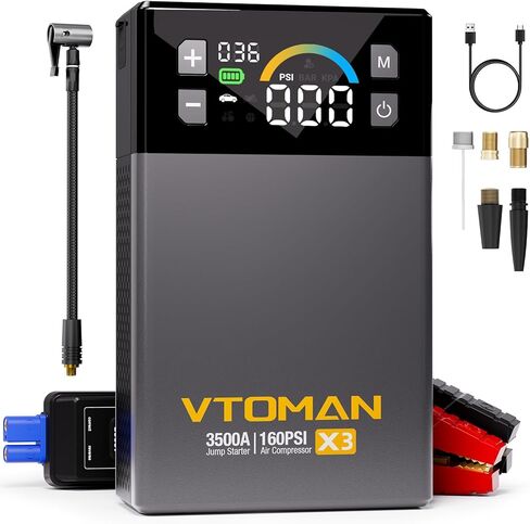 VTOMAN X3 Jump Starter مع ضاغط هواء، 3500 أمبير بطارية سيارة محمولة (محركات ديزل 9 لتر/8.5 لتر) مع منفاخ إطارات للإغلاق التلقائي 160 رطل لكل بوصة مربعة، حزمة معززة لبطارية ليثيوم 12 فولت، صندوق القفز in Kuwait