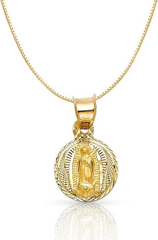 Ioka 14K Yellow Gold Diamond Cut Our Lady of Guadalupe Stamp Religious Charm Pendant with 0.5mm Box Chain Necklace in Saudi Arabia