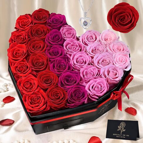 30-Piece Forever Rose in Heart Box, Ombre Red Preserved Roses with Necklace Birthday Gifts for Women, Forever Flowers for Delivery Gifts for Women Mom Wife Girlfriend Graduation Mothers Day in Saudi Arabia