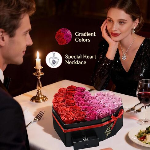 30-Piece Forever Rose in Heart Box, Ombre Red Preserved Roses with Necklace Birthday Gifts for Women, Forever Flowers for Delivery Gifts for Women Mom Wife Girlfriend Graduation Mothers Day in Saudi Arabia