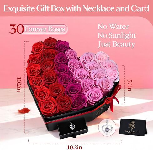 30-Piece Forever Rose in Heart Box, Ombre Red Preserved Roses with Necklace Birthday Gifts for Women, Forever Flowers for Delivery Gifts for Women Mom Wife Girlfriend Graduation Mothers Day in Saudi Arabia