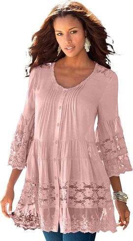 Roaman's Women's Plus Size Lace Illusion Blouse in Saudi Arabia