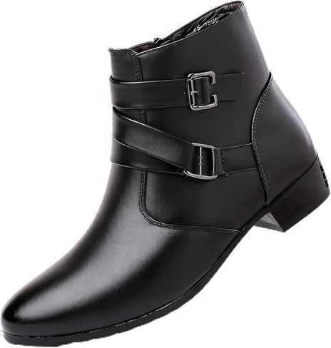 Men's Leather Chunky Heel Chelsea Boots Fashion Pointed Toe Side Zipper Chukka Booties Classic Buckle Strap Block High Heels High Top Formal Dress Ankle Boots in Saudi Arabia