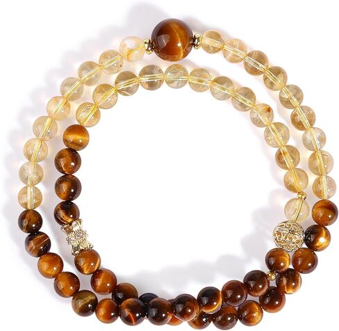 Tiger Eye & Citrine Double Layer Beaded Bracelet, 6.3mm Natural Gemstone Stretch Bracelet with 10mm Center Tiger Eye Bead, Gold Tone Accents, Unisex Jewelry Gift in Saudi Arabia