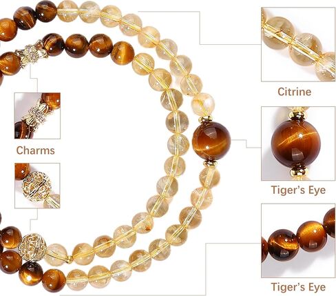 Tiger Eye & Citrine Double Layer Beaded Bracelet, 6.3mm Natural Gemstone Stretch Bracelet with 10mm Center Tiger Eye Bead, Gold Tone Accents, Unisex Jewelry Gift in Saudi Arabia