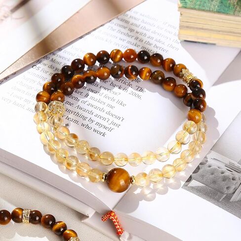 Tiger Eye & Citrine Double Layer Beaded Bracelet, 6.3mm Natural Gemstone Stretch Bracelet with 10mm Center Tiger Eye Bead, Gold Tone Accents, Unisex Jewelry Gift in Saudi Arabia