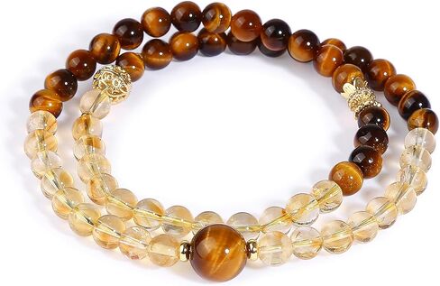 Tiger Eye & Citrine Double Layer Beaded Bracelet, 6.3mm Natural Gemstone Stretch Bracelet with 10mm Center Tiger Eye Bead, Gold Tone Accents, Unisex Jewelry Gift in Saudi Arabia