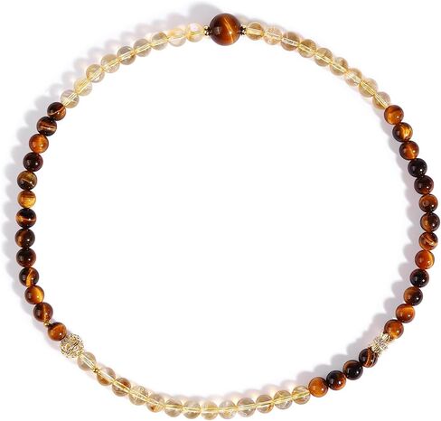 Tiger Eye & Citrine Double Layer Beaded Bracelet, 6.3mm Natural Gemstone Stretch Bracelet with 10mm Center Tiger Eye Bead, Gold Tone Accents, Unisex Jewelry Gift in Saudi Arabia