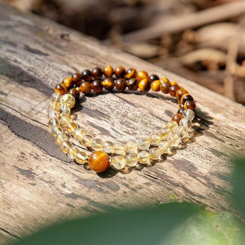 Tiger Eye & Citrine Double Layer Beaded Bracelet, 6.3mm Natural Gemstone Stretch Bracelet with 10mm Center Tiger Eye Bead, Gold Tone Accents, Unisex Jewelry Gift in Saudi Arabia