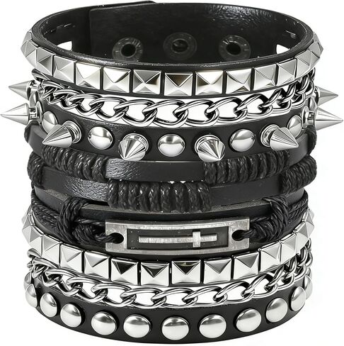 4 Pcs Leather Studded Rivets Bracelets for Women Punk Rock Chain Wristbands Set Emo Goth Accessories for Men Biker in Saudi Arabia