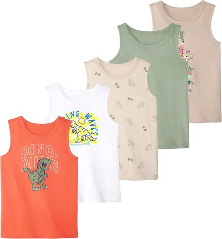 تي شيرتات Dino بدون أكمام للأطفال والرضع من Garanimals - تي شيرت بدون أكمام للأطفال - مقاس 6T - بيج، أخضر داكن، برتقالي، أبيض - 5 قطع in Kuwait