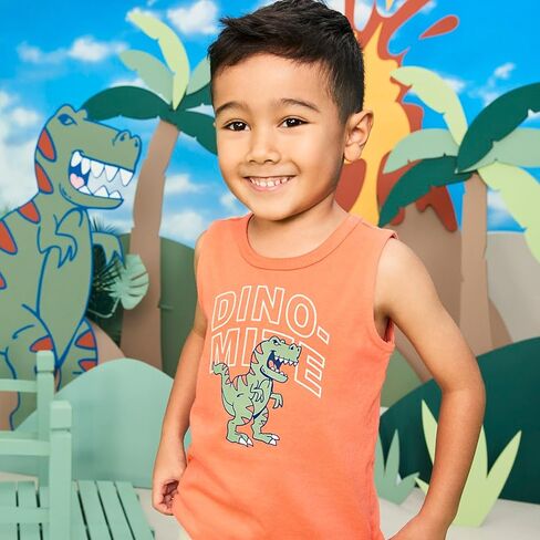 تي شيرتات Dino بدون أكمام للأطفال والرضع من Garanimals - تي شيرت بدون أكمام للأطفال - مقاس 6T - بيج، أخضر داكن، برتقالي، أبيض - 5 قطع in Kuwait