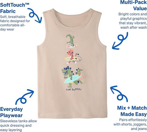 تي شيرتات Dino بدون أكمام للأطفال والرضع من Garanimals - تي شيرت بدون أكمام للأطفال - مقاس 6T - بيج، أخضر داكن، برتقالي، أبيض - 5 قطع in Kuwait
