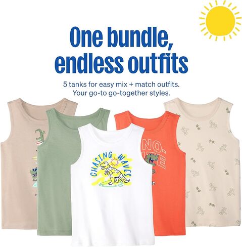 تي شيرتات Dino بدون أكمام للأطفال والرضع من Garanimals - تي شيرت بدون أكمام للأطفال - مقاس 6T - بيج، أخضر داكن، برتقالي، أبيض - 5 قطع in Kuwait