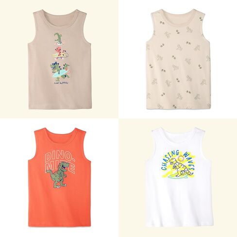 تي شيرتات Dino بدون أكمام للأطفال والرضع من Garanimals - تي شيرت بدون أكمام للأطفال - مقاس 6T - بيج، أخضر داكن، برتقالي، أبيض - 5 قطع in Kuwait