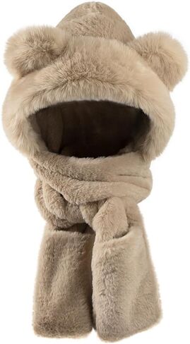 Kids Winter Hood Hat Scarf Gloves Set 3-in-1 Hooded Hat Plush Bear Beanie Cap Faux Fur Earflap Animal Snow Cap in Saudi Arabia