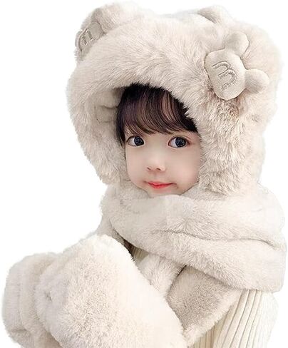 Kid Animal Hooded Hat 3 in 1 Furry Earflap Cap Scarf Mittens Cute Bear Warm Winter Plush Hoodie Hat Full Pocket Set for 6-12Y in Saudi Arabia