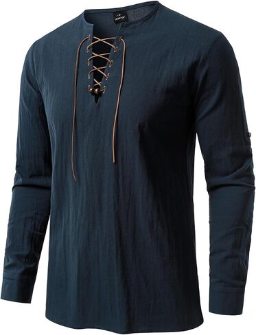 JEMITOP Men's Renaissance Pure Cotton Lace Up Shirt V-Neck Long Sleeve Retro Costume for Medieval Pirate Viking Without Belt in Saudi Arabia