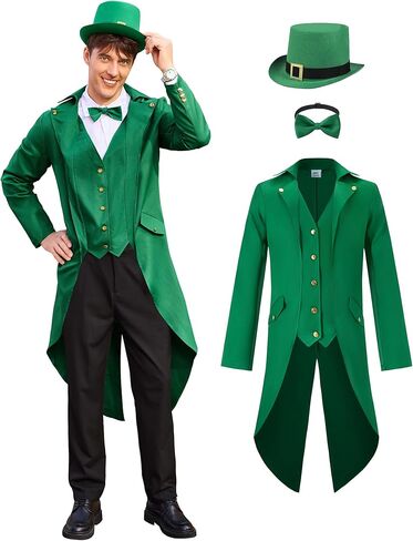 Arvilhill 3 Pcs Men's St. Patrick's Day Costume Leprechaun Outfit Steampunk Tailcoat Hat Bow Tie (S-3XL) in Saudi Arabia