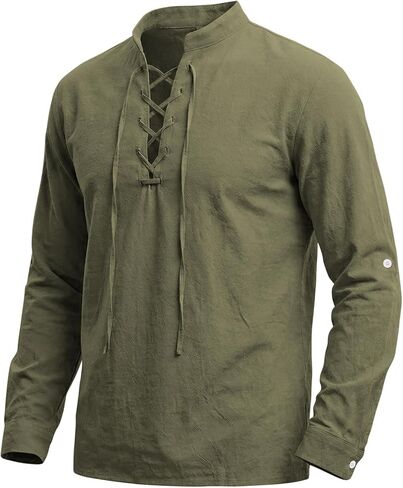Men's Pirate Shirt Renaissance Costume Medieval Viking Long Sleeve Cotton Linen Lace up Shirt Halloween Cosplay Costume in Saudi Arabia