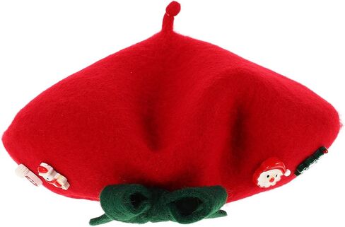 Red Wool Beret Hat with Bowknot for Women, Christmas Plush French Beanie Cap, Warm Holiday Artist Style Hat in Saudi Arabia