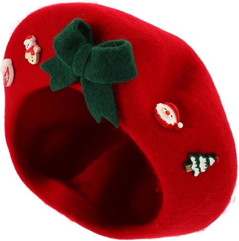 Red Wool Beret Hat with Bowknot for Women, Cozy Christmas Artist Cap, Warm Seasonal Mushroom-Style Beanie for Holiday Celebrations in Saudi Arabia