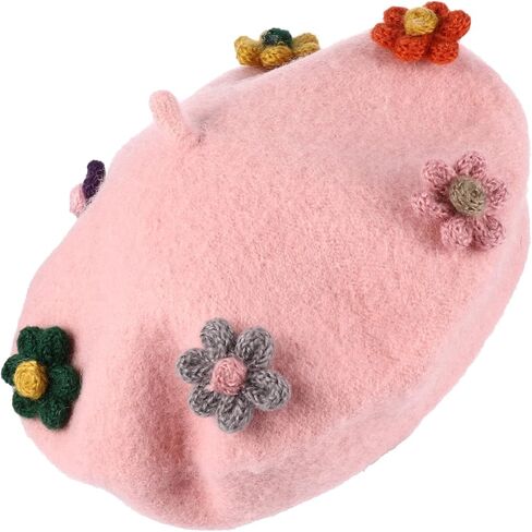 Ciieeo ’s Woolen Flower Beret Hat, Warm Painter Style Beanie Cap with Floral Design, Pink Fall Winter ’ Fashion Accessory in Kuwait