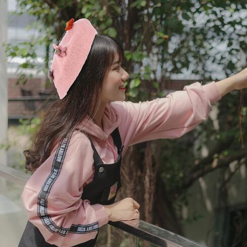 Ciieeo ’s Woolen Flower Beret Hat, Warm Painter Style Beanie Cap with Floral Design, Pink Fall Winter ’ Fashion Accessory in Kuwait