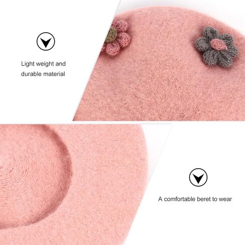 Ciieeo ’s Woolen Flower Beret Hat, Warm Painter Style Beanie Cap with Floral Design, Pink Fall Winter ’ Fashion Accessory in Kuwait