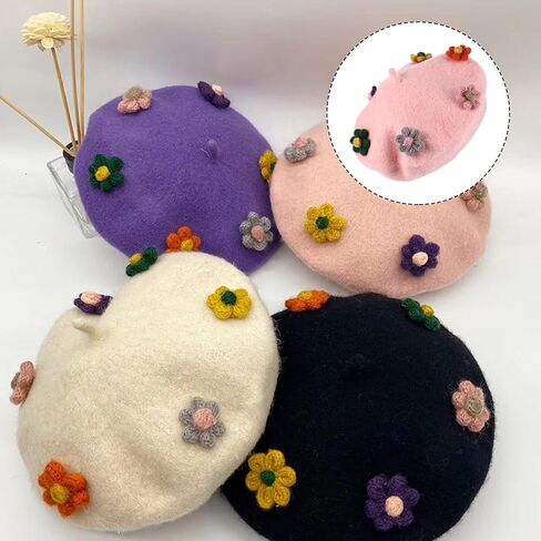 Ciieeo ’s Woolen Flower Beret Hat, Warm Painter Style Beanie Cap with Floral Design, Pink Fall Winter ’ Fashion Accessory in Kuwait