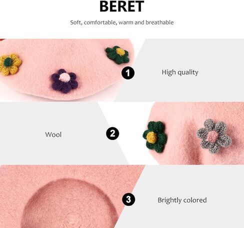 Ciieeo ’s Woolen Flower Beret Hat, Warm Painter Style Beanie Cap with Floral Design, Pink Fall Winter ’ Fashion Accessory in Kuwait