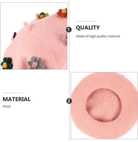 Ciieeo ’s Woolen Flower Beret Hat, Warm Painter Style Beanie Cap with Floral Design, Pink Fall Winter ’ Fashion Accessory in Kuwait