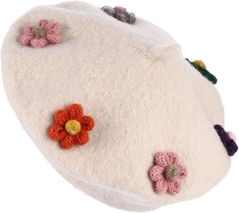 POPETPOP Wool Beret Hat with Flower Design, Painter Beanie Cap, Warm Autumn Winter ’s Beret, Beige Color, Soft Woollen Material, Cozy Outdoor Accessory in Saudi Arabia