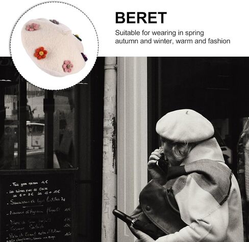 POPETPOP Wool Beret Hat with Flower Design, Painter Beanie Cap, Warm Autumn Winter ’s Beret, Beige Color, Soft Woollen Material, Cozy Outdoor Accessory in Saudi Arabia